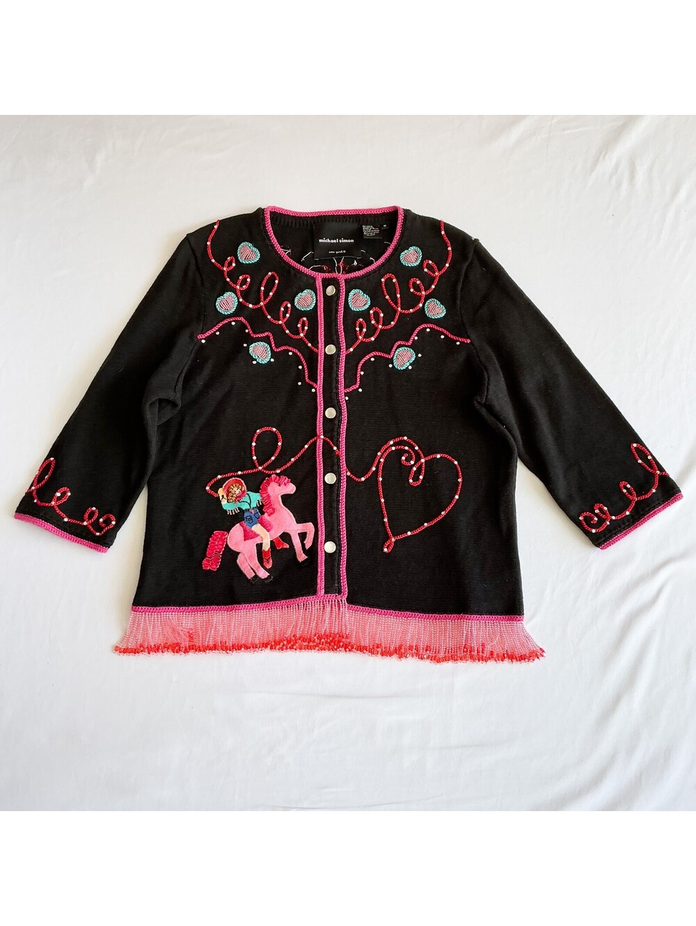 Michael Simon Vintage Western Cowgirl Embroidered Beaded Fringe Cardigan Sz M